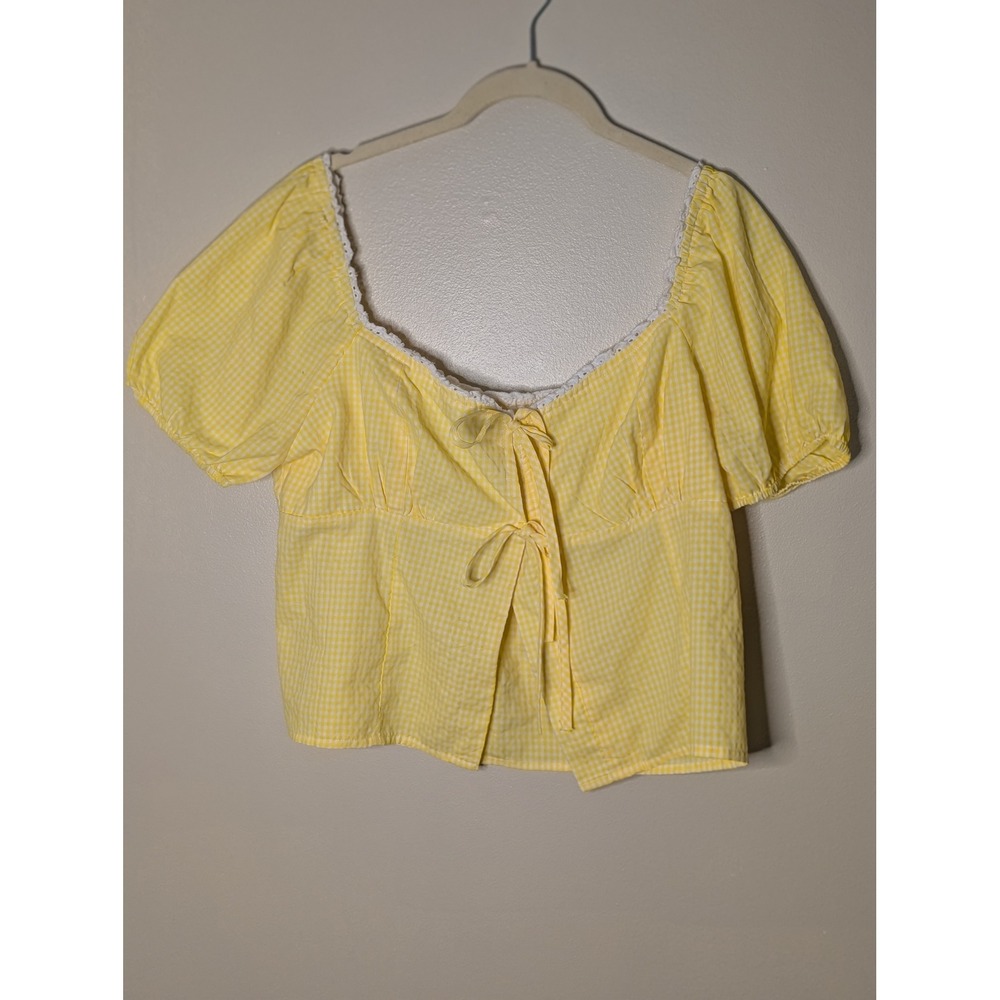 Live 4 Truth Yellow Gingham Tie Front Puff Sleeve Eyelet Lace Blouse Large